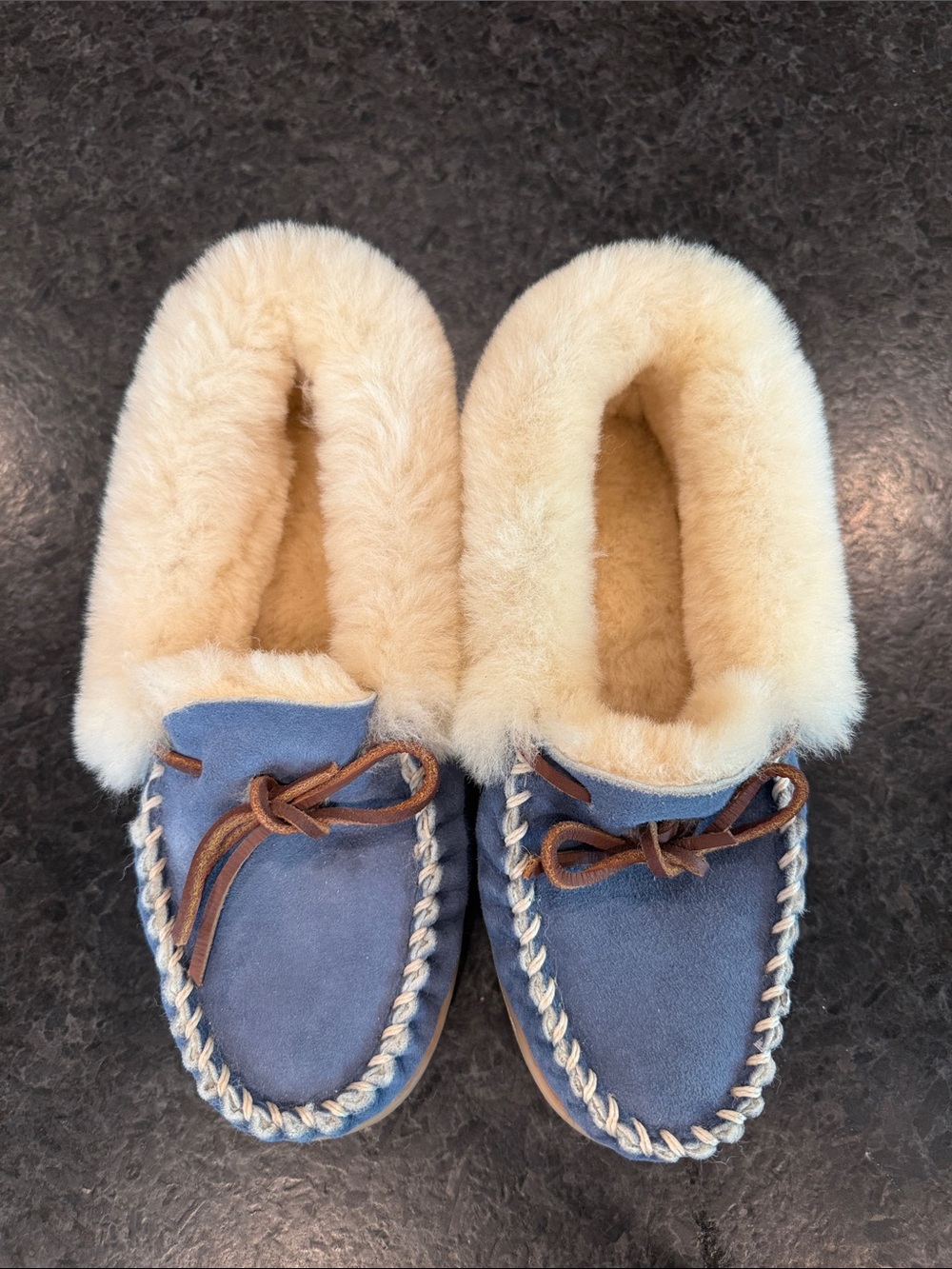 L.L. Bean Blue Suede Moccasin Slippers with Cream Shearling - Never Worn!